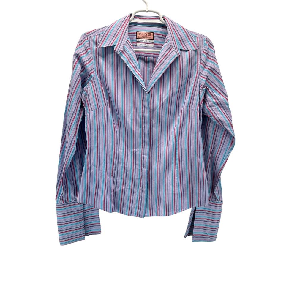 Pink Thomas Pink Blue Pink Striped Button Down Shirt Cuff Link Cuffs Wide 12